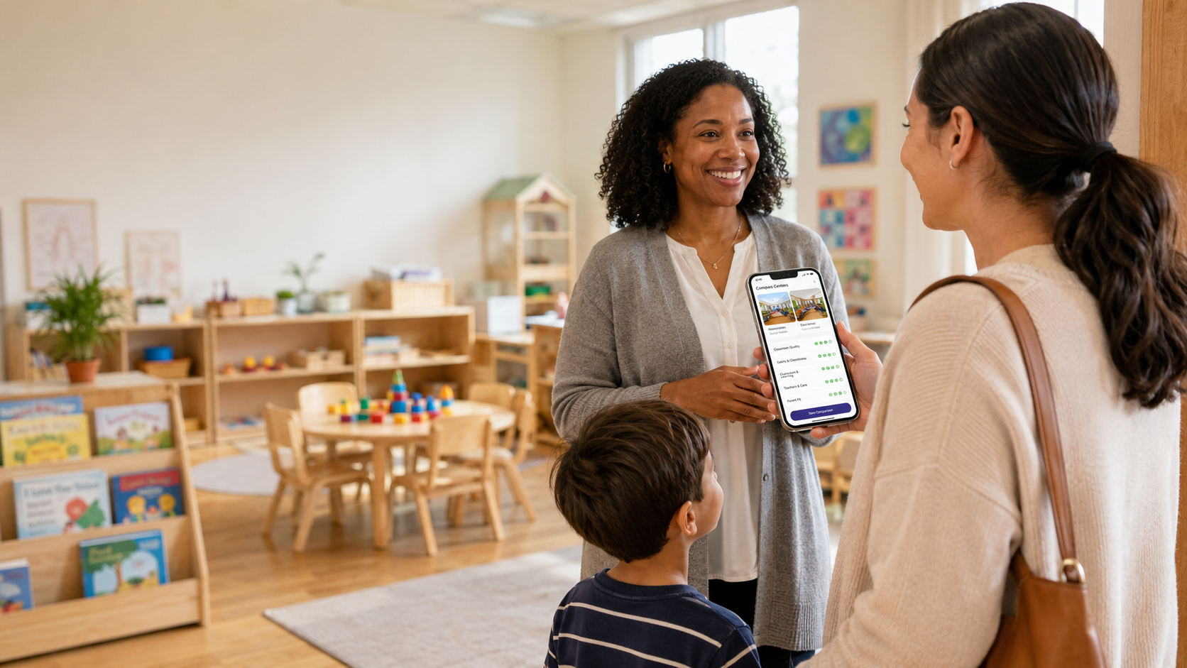A parent on a tour using Child Care Compass to compare an early learning center with the director